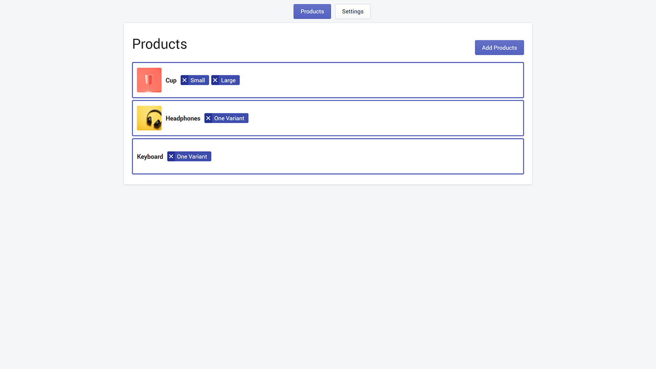 Liste over valgte produkter