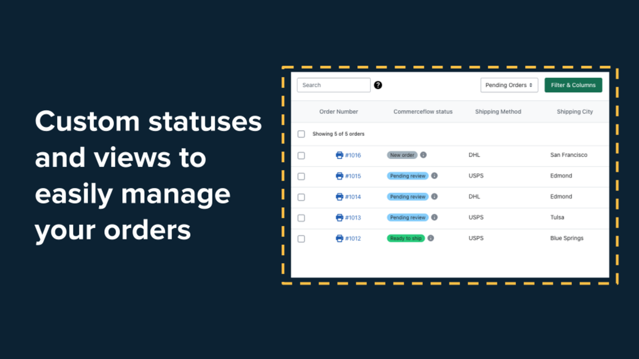 Status e visualizações personalizadas para gerenciar facilmente seus pedidos