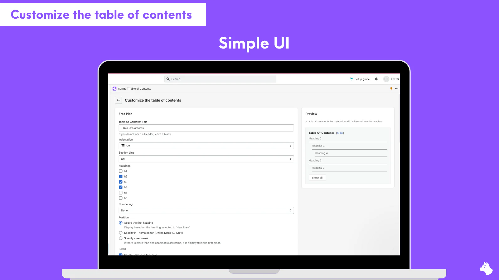 Customize the table of contents