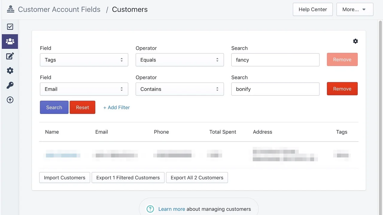 Searching and filtering customers