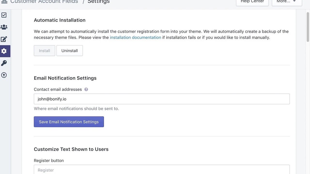 Override settings for registration