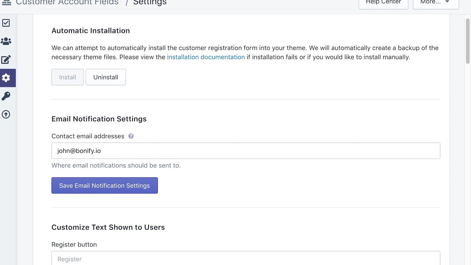 Override settings for registration