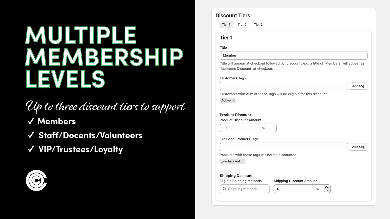 Screenshot of Co-Curator Member Discount app tiers