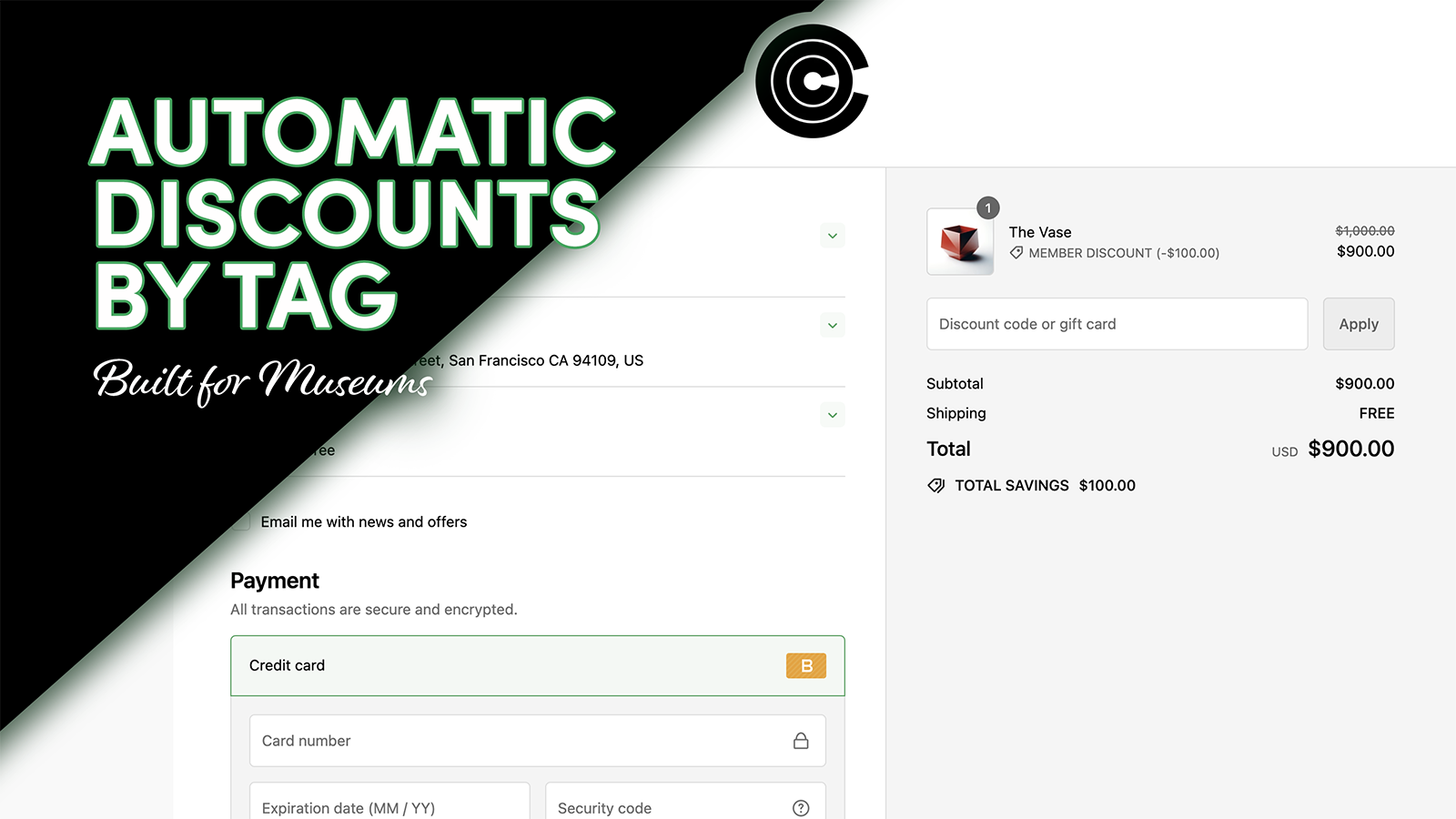 Captura de tela do aplicativo Member Discounts by Co‑Curator em funcionamento no checkout