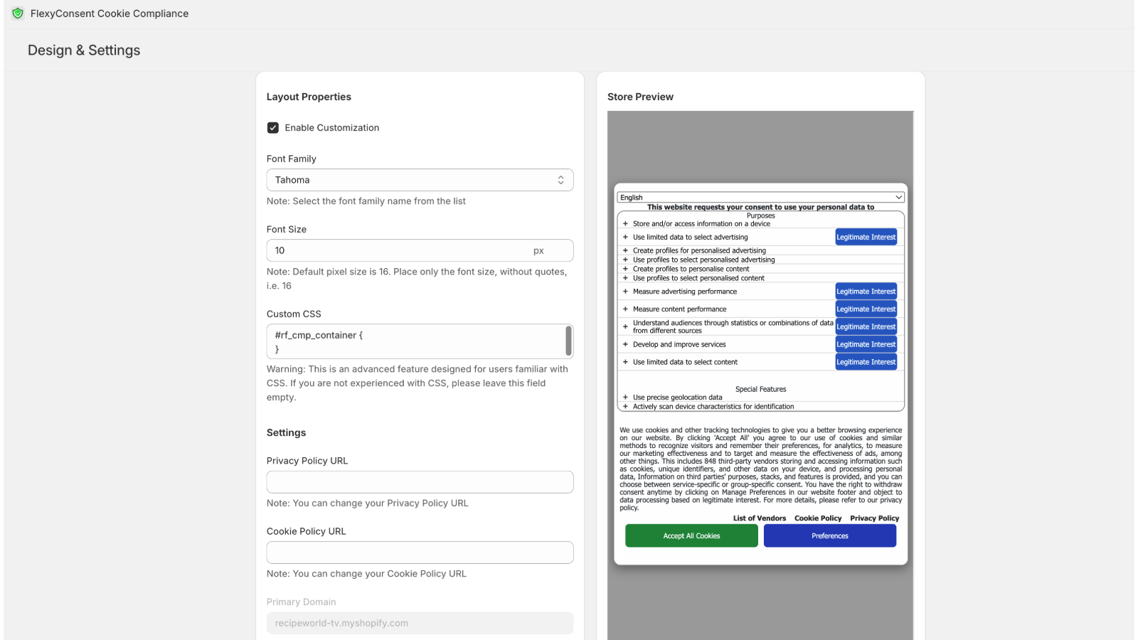 User interface and consent language settings