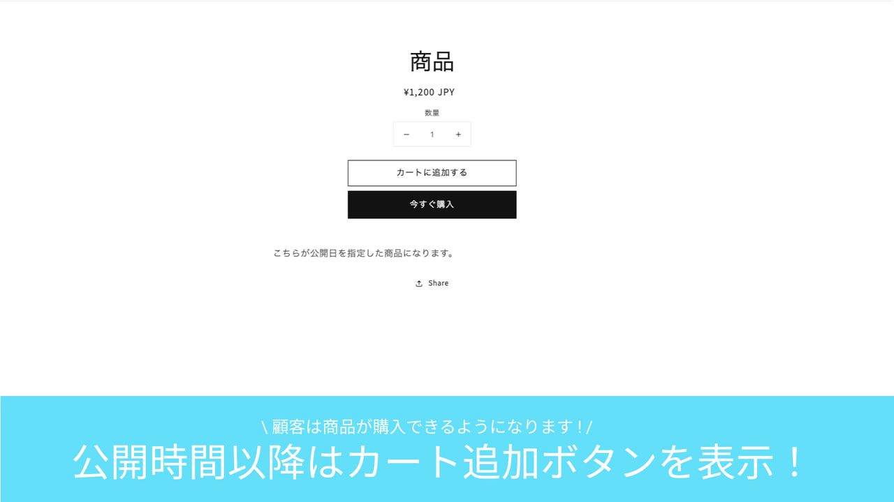 公開時間以降の表示：テーマのデフォルトのカート追加ボタンが表示されます。