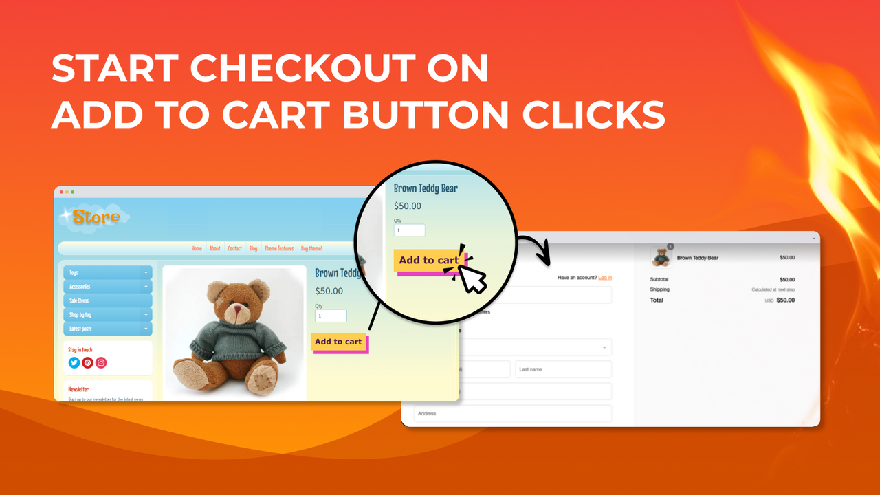 The app in action: The checkout starts after add to cart clicks