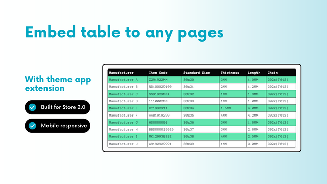 Create any tables and embed to your storefront