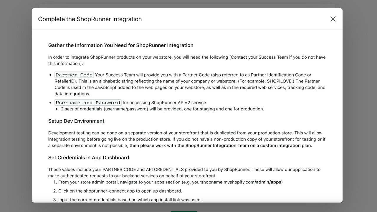 ShopRunner Integrationsinstruktioner Modal