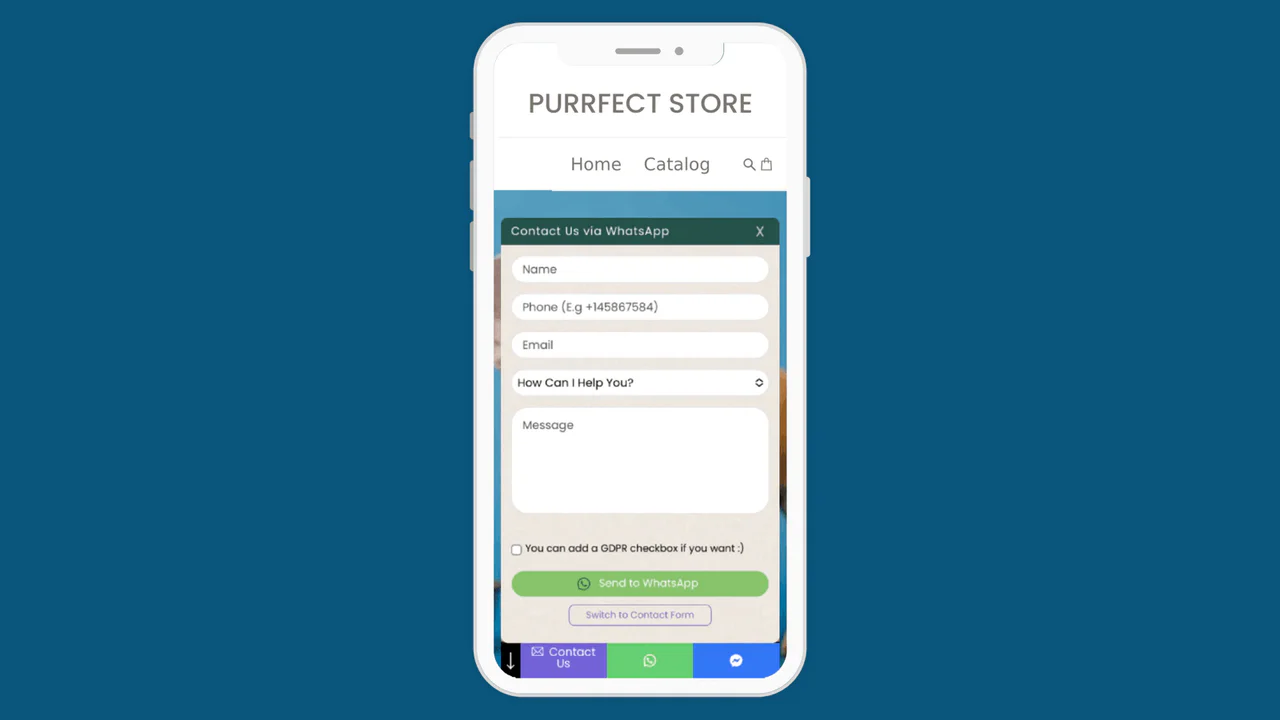 Mobile-friendly Shopify WhatsApp form with chat & social buttons