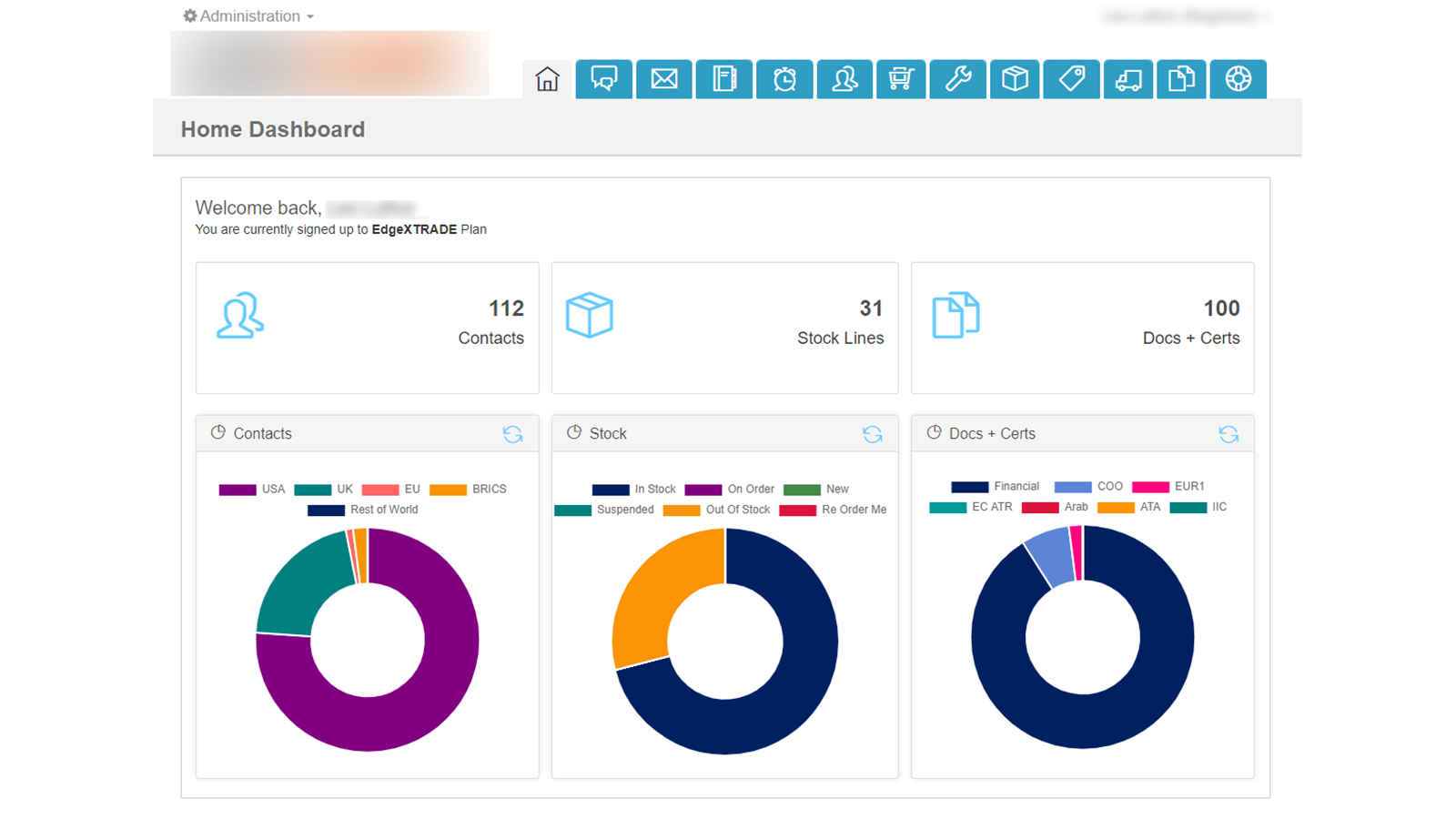 带有CRM + 库存控制 + 文件生成的主页仪表板