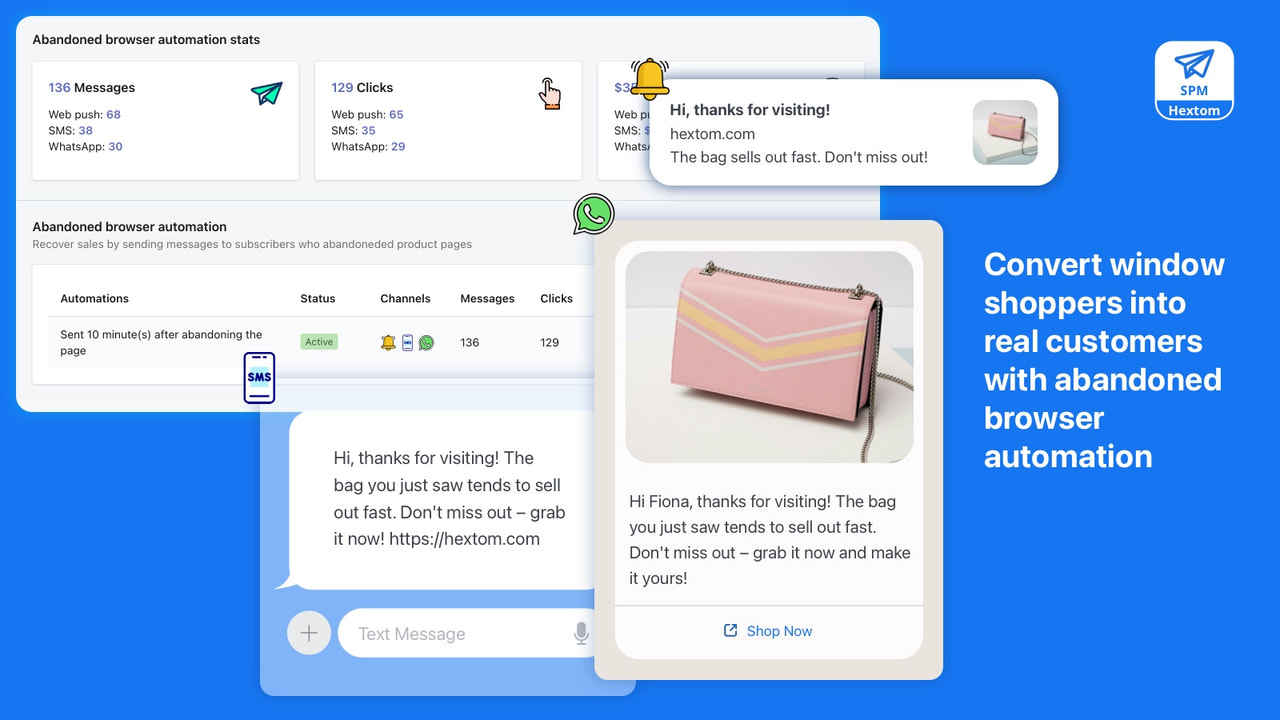 Hextom Shopify App - SMS & Web Push Marketing, cart recovery
