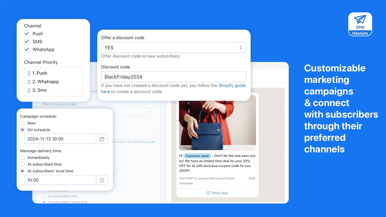 Hextom Shopify应用 - SMS和网页推送营销，购物车恢复