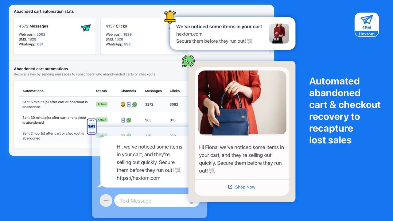 Hextom Shopify App - Marketing por SMS y Web Push, recuperación de carrito