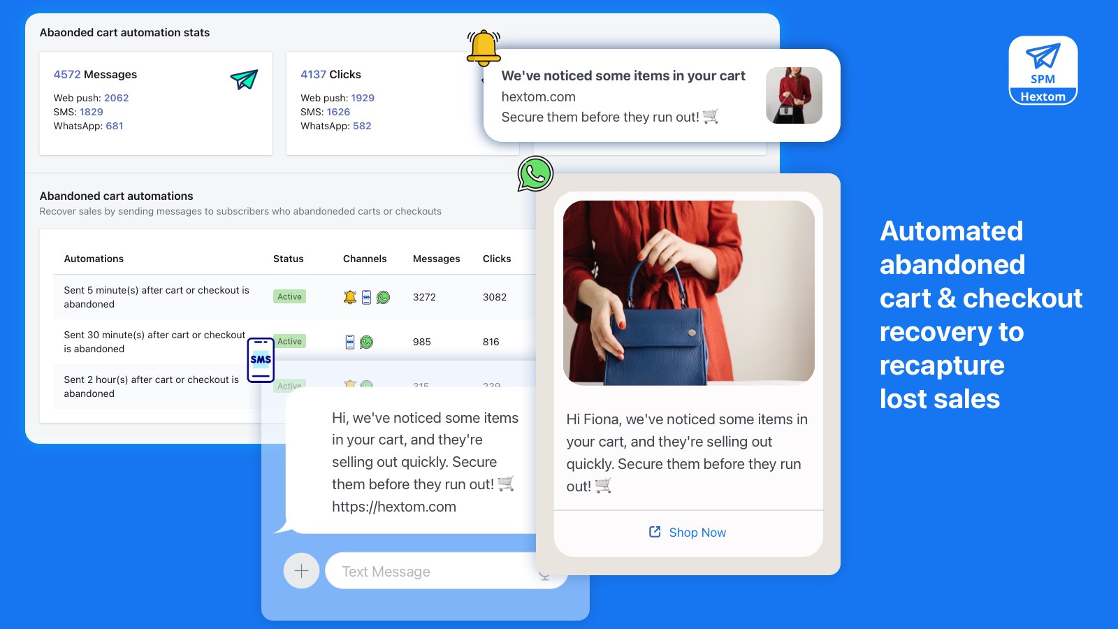Hextom Shopify App - SMS & Web Push Marketing, cart recovery