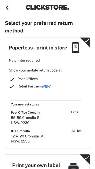 Klant selecteert papierloze retourzending of print label