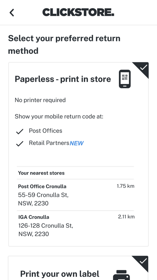 Customer Selects Paperless Return or Print Label