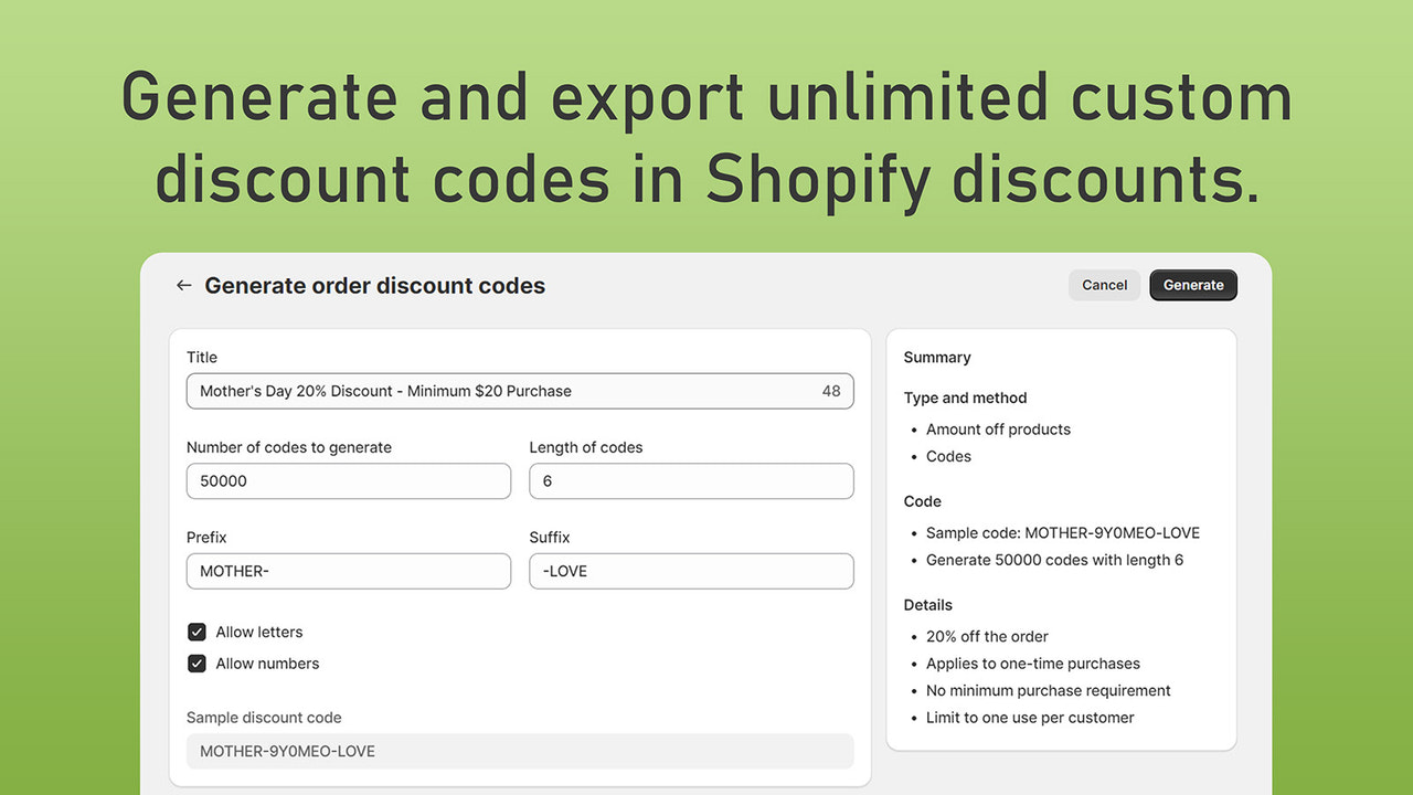 Create unlimited discount codes for Shopify