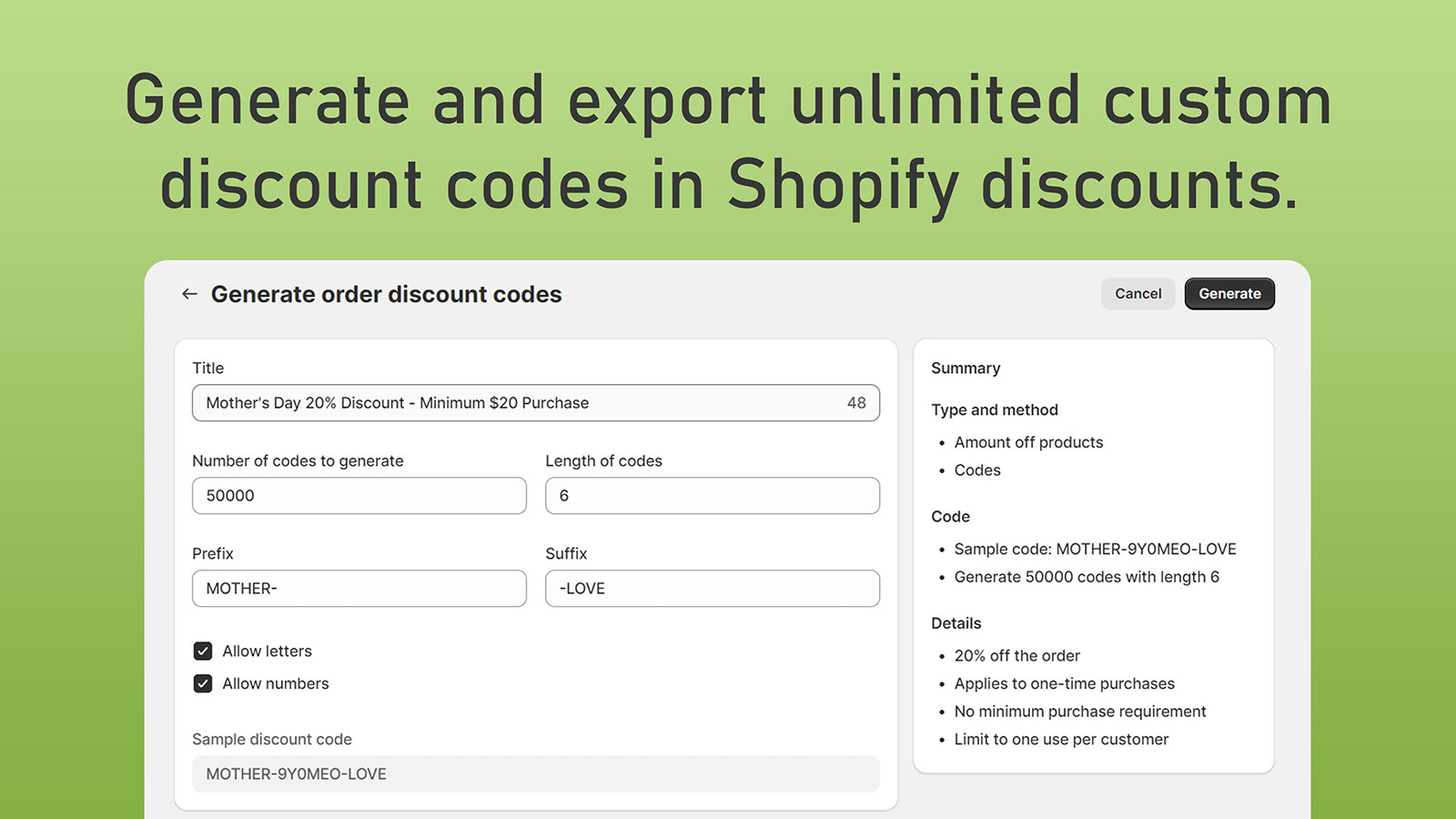 Crear códigos de descuento ilimitados para Shopify