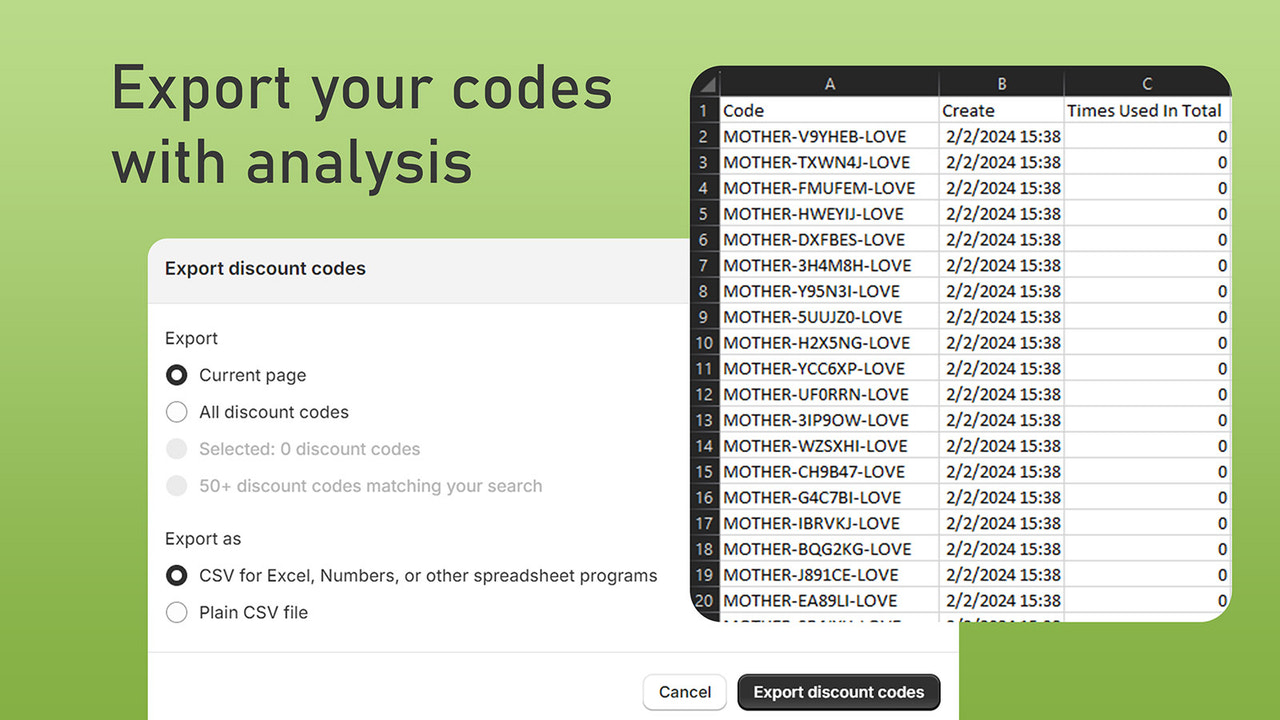 Export and download your discount codes in a CSV file
