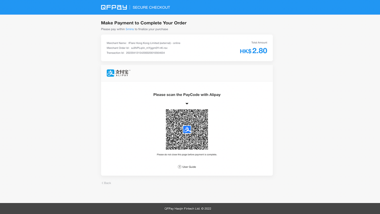 QFPay Checkout QRCode Page (Alipay)