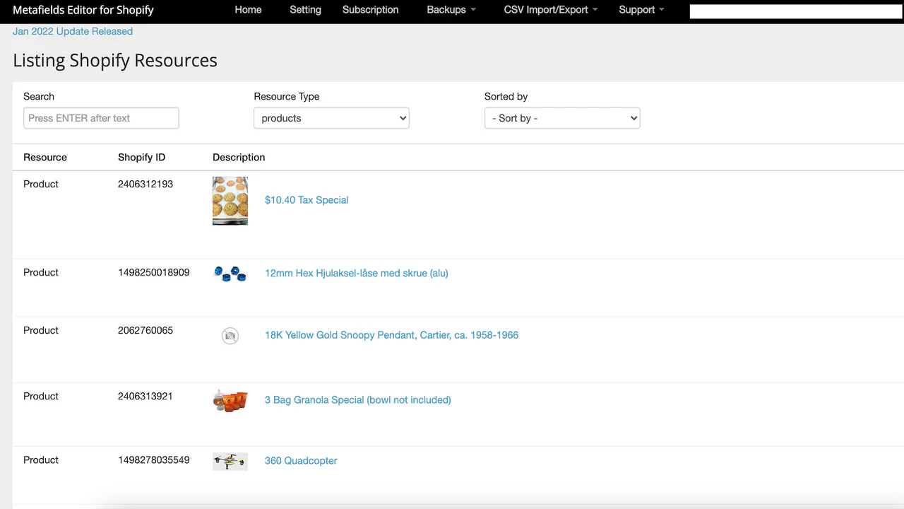 Metafields for Shopify Viser Liste over Metafields