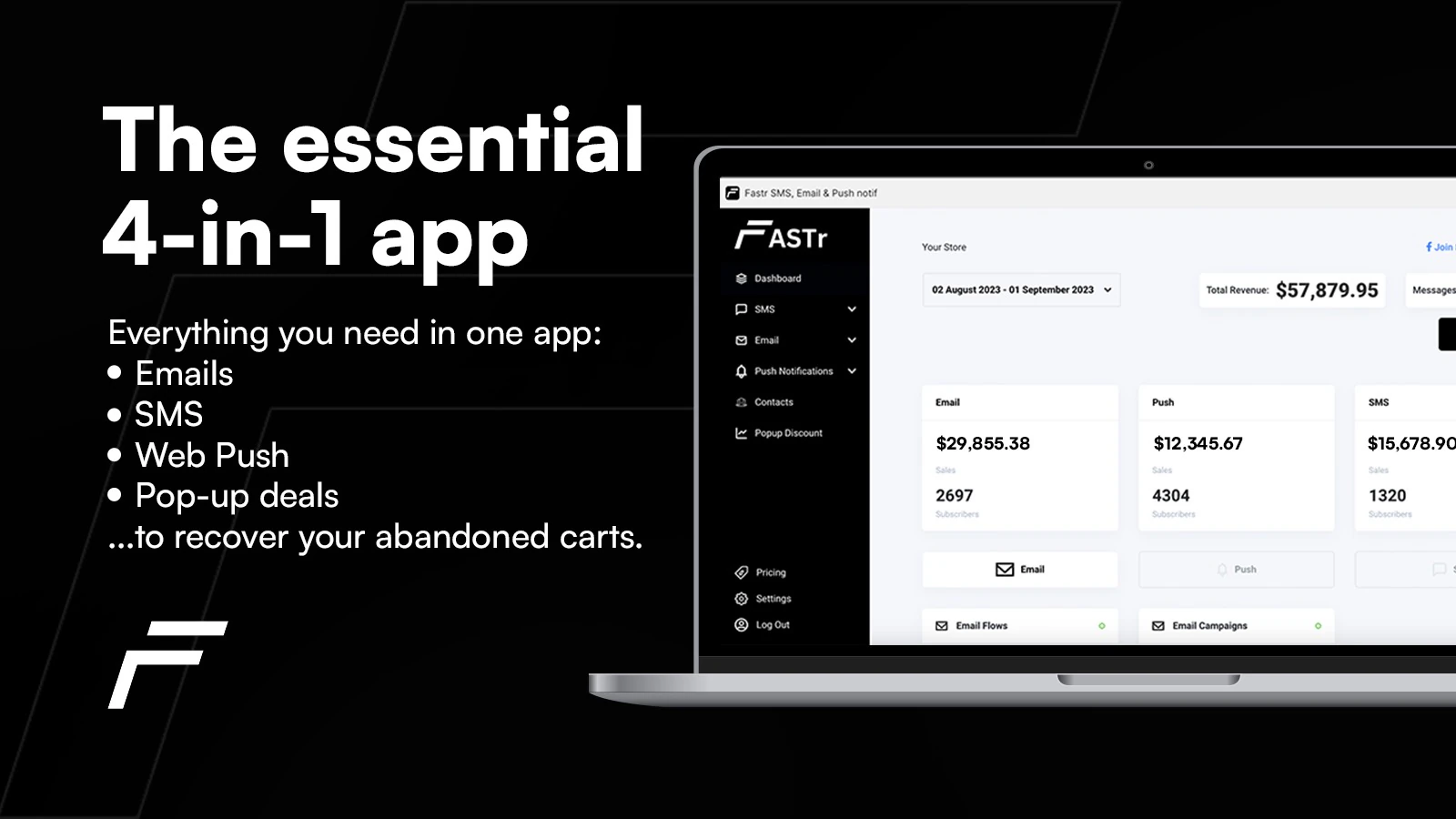 Dashboard, Fastr app, SMS, Email, Web Push, Popup discount