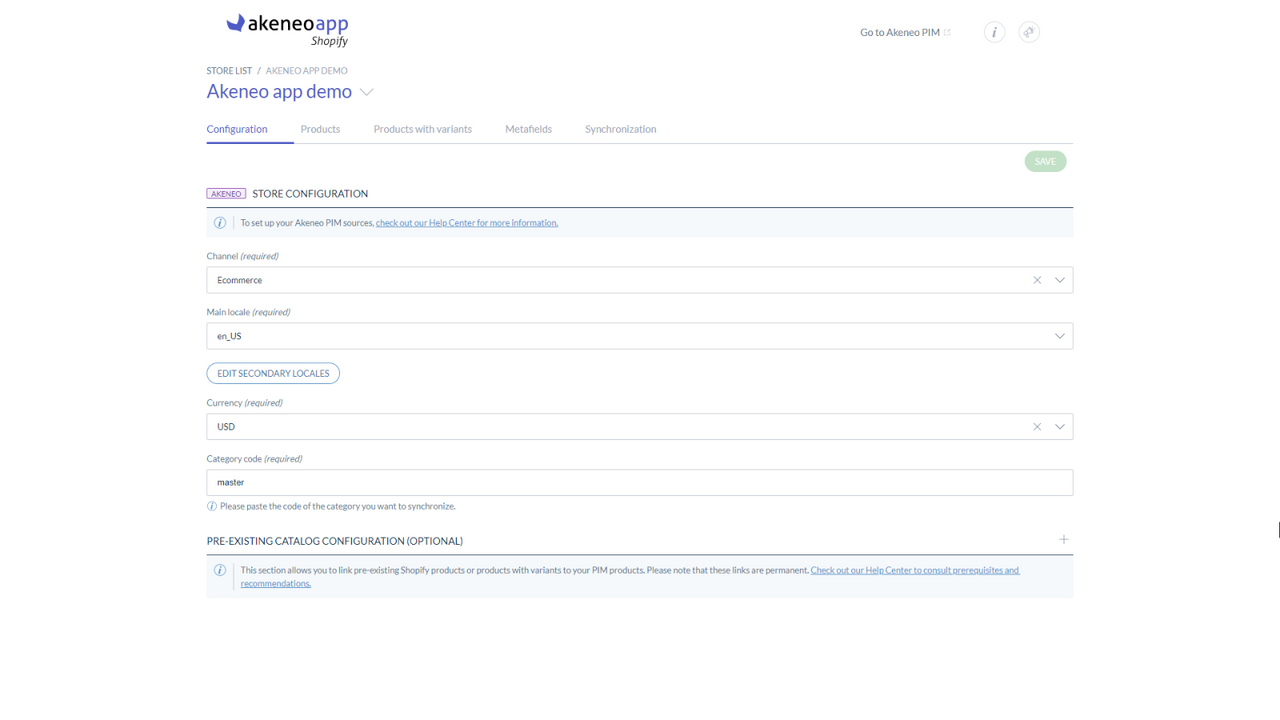 Store configuration page of the Akeneo App for Shopify