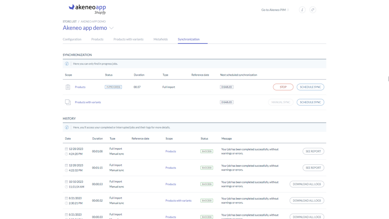 Synchronization page of the Akeneo App for Shopify