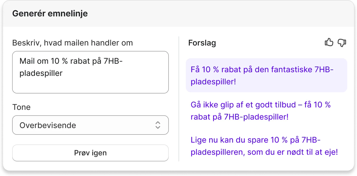 Pop op-vindue med Shopify Magic, der ved hjælp af kunstig intelligens genererer tekst til en mail om en pladespiller.