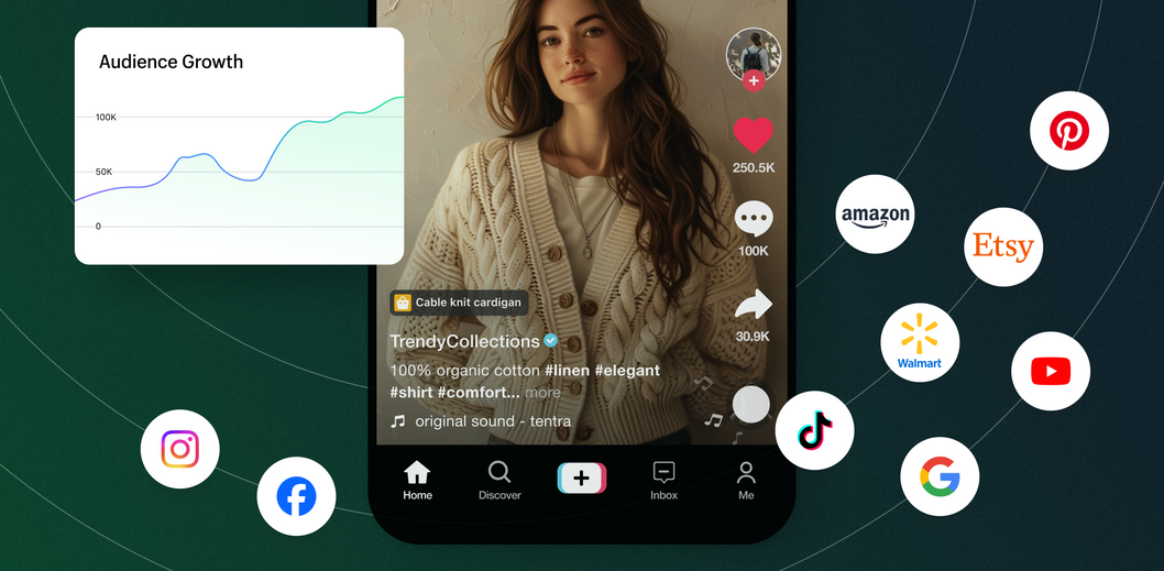 A phone screen showing a woman wearing a dress shirt on TikTok with floating social media icons around it and a line chart showing audience growth.