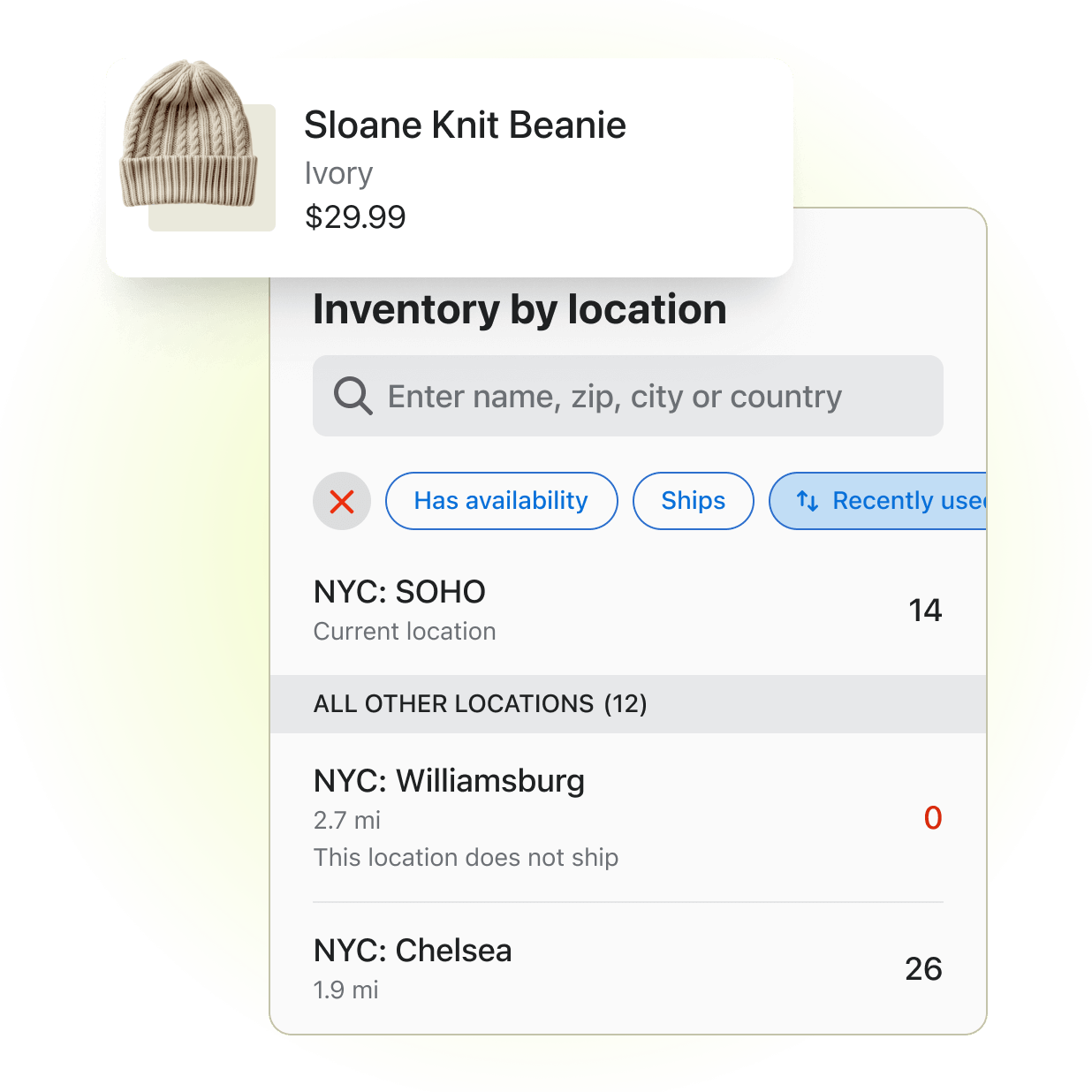 A small snapshot of the Shopify Point of Sale channel from the admin displaying the inventory amounts across 3 different store locations for a product called the Sloane Knit Beanie.