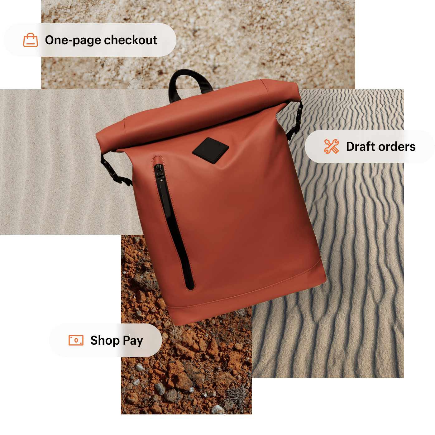 Background collage image of different textures of sand and soil, with buttons labeled 'one-page checkout', 'draft orders', and 'Shop Pay'. In the foreground is a stylish roll-top backpack in a rust colour.