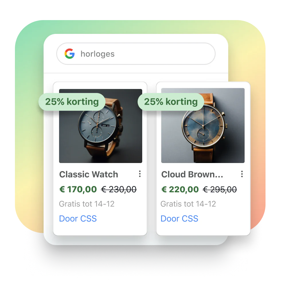 Een venster met Google-zoekresultaten voor horloges met actief Shopping-filter. Daaroverheen producttegels met twee horloges.