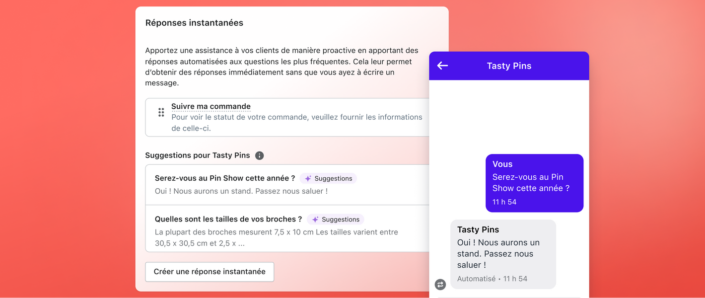 Interface de réponses instantanées présentant des suggestions de questions et de réponses à des demandes courantes. Une fenêtre de chat à droite montre un aperçu de l’une des suggestions.