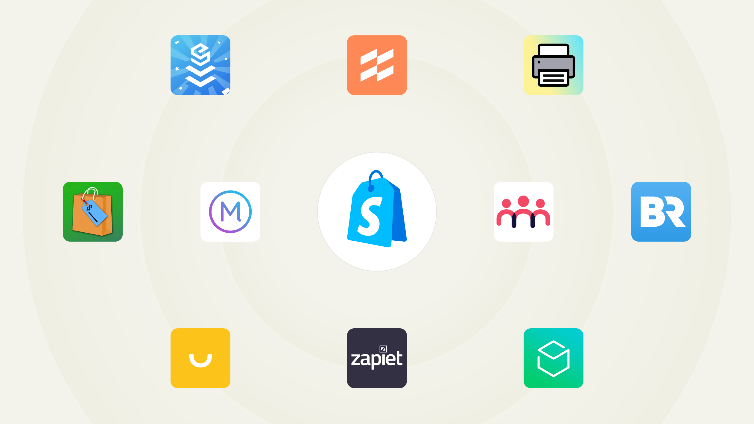 Um conjunto de ícones de apps. No meio deles, está o logo do Shopify PDV. Ao redor desse logo, aparecem os ícones de apps bastante conhecidos: EasyTeam, Filljoy, Zapiet, Optizio, Stocky, Order Printer, Smile, Better Reports, Marsello e Endear.