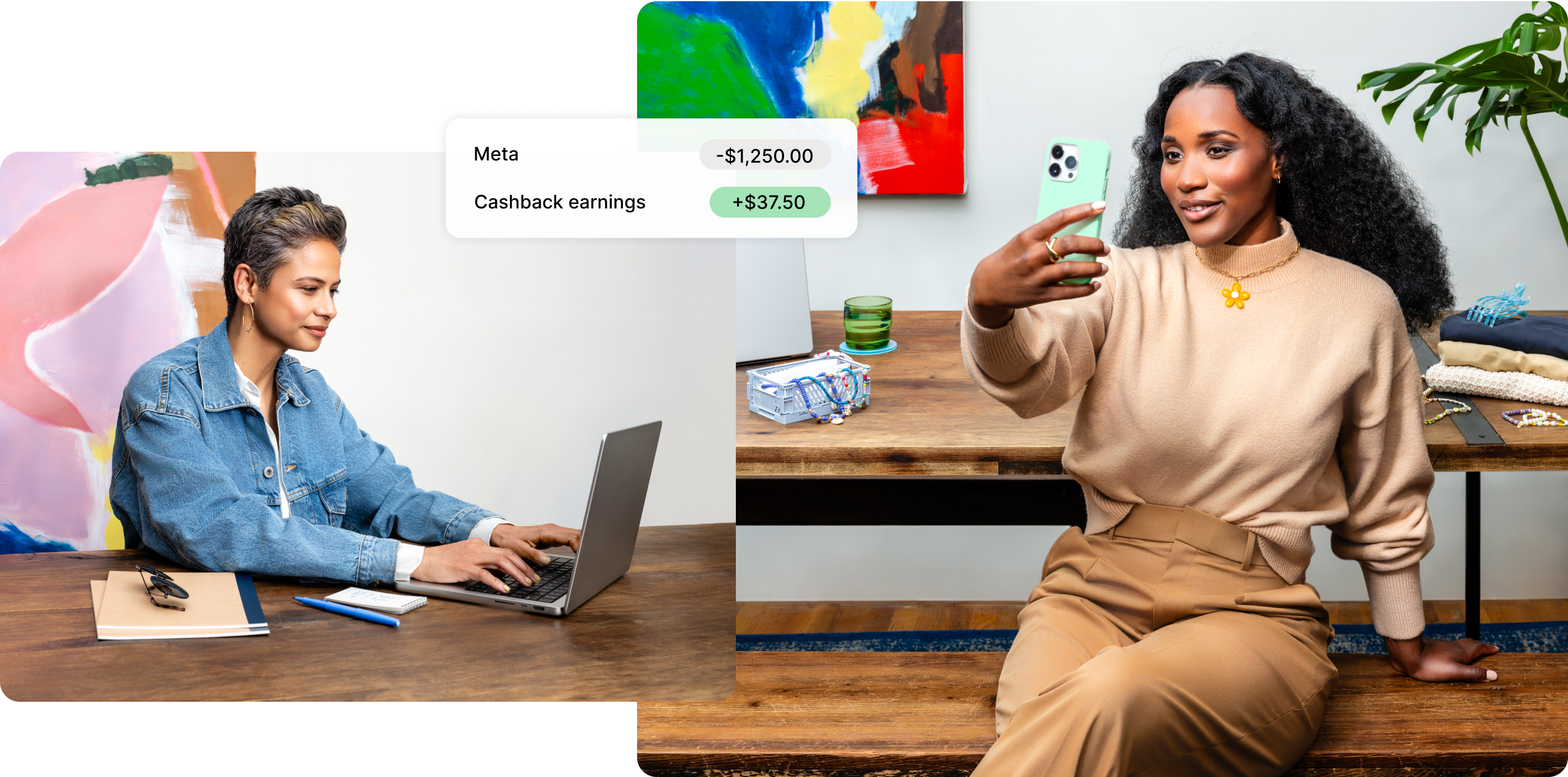 A multiracial woman works on her laptop, reviewing her marketing spend and cashback rewards; A young Black woman takes a selfie to promote her business