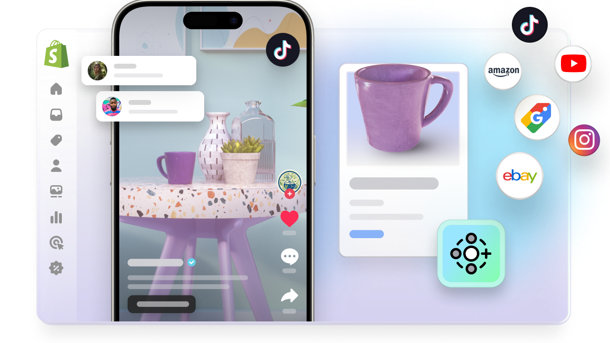 Una finestra di visualizzazione astratta del pannello di controllo Shopify. In sovrapposizione sulla sinistra si vedono un video sponsorizzato di TikTok e un annuncio di Google ed entrambi mostrano una tazza viola in vendita. Attorno alle finestre si trovano in sovrapposizione dei piccoli loghi, tra cui quelli di Marketplace Connect, Instagram, YouTube, TikTok, Google Ads, Amazon e eBay.