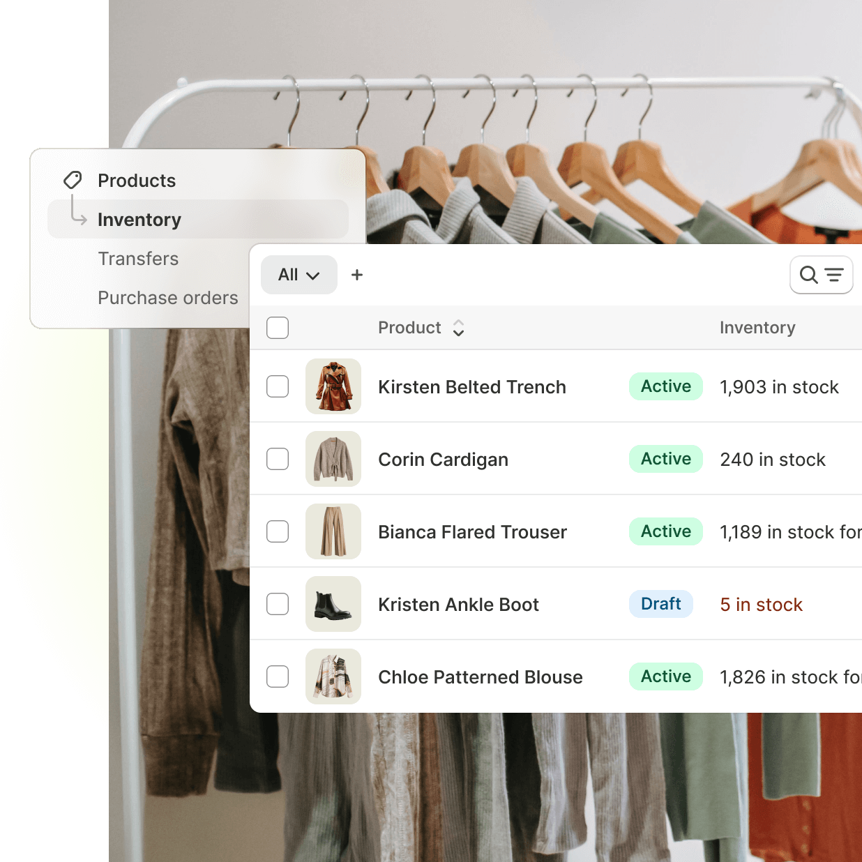A small snapshot of Shopify Point of Sale displaying real-time inventory reporting of 4 apparel items to showcase Shopify’s integrated inventory status updates.