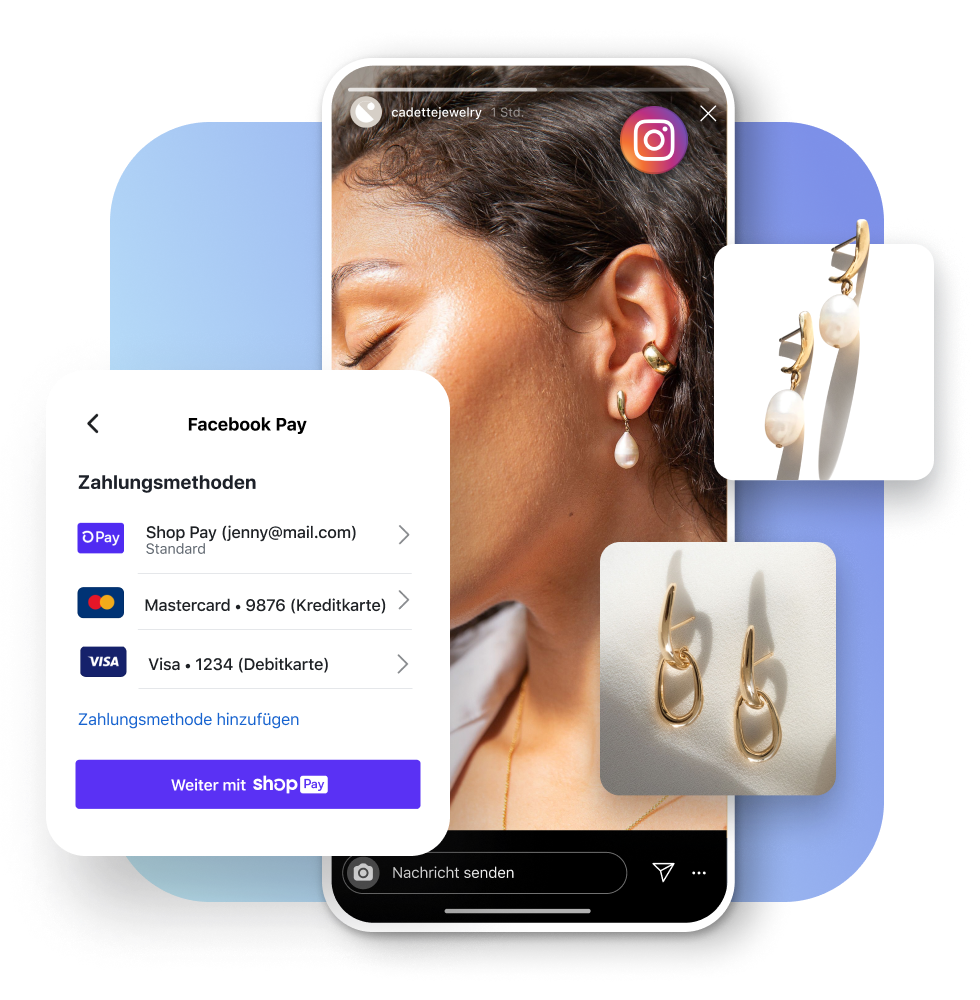 Eine junge Frau trägt goldene Perlenohrringe in einer Instagram Story. Die Benutzeroberfläche zeigt Zahlungsmethoden. Produktkacheln zeigen zwei Paar Ohrringe von Cadette Jewelry.