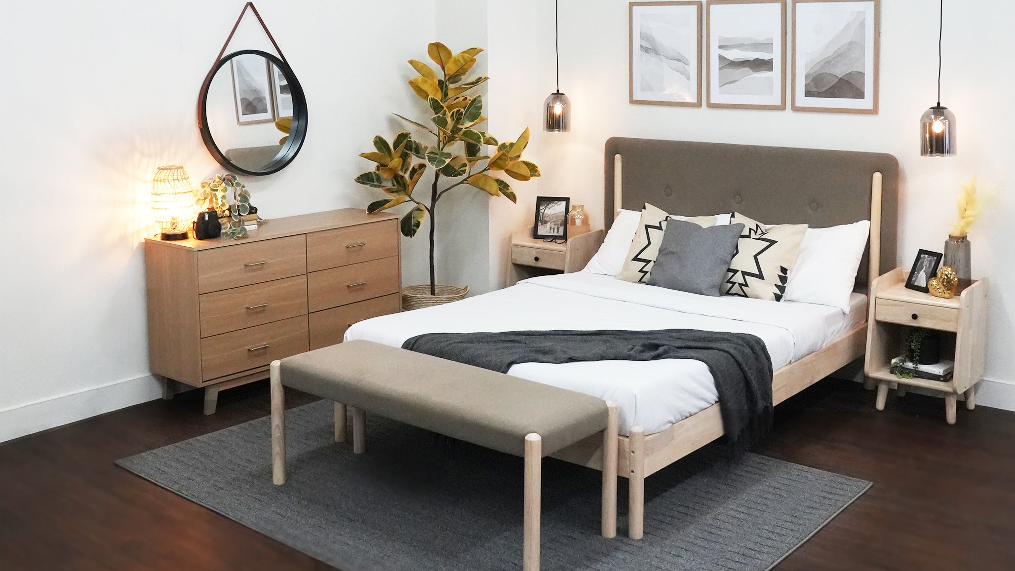 A bedroom setup consisting of neutral tones. It looks modern and cozy.