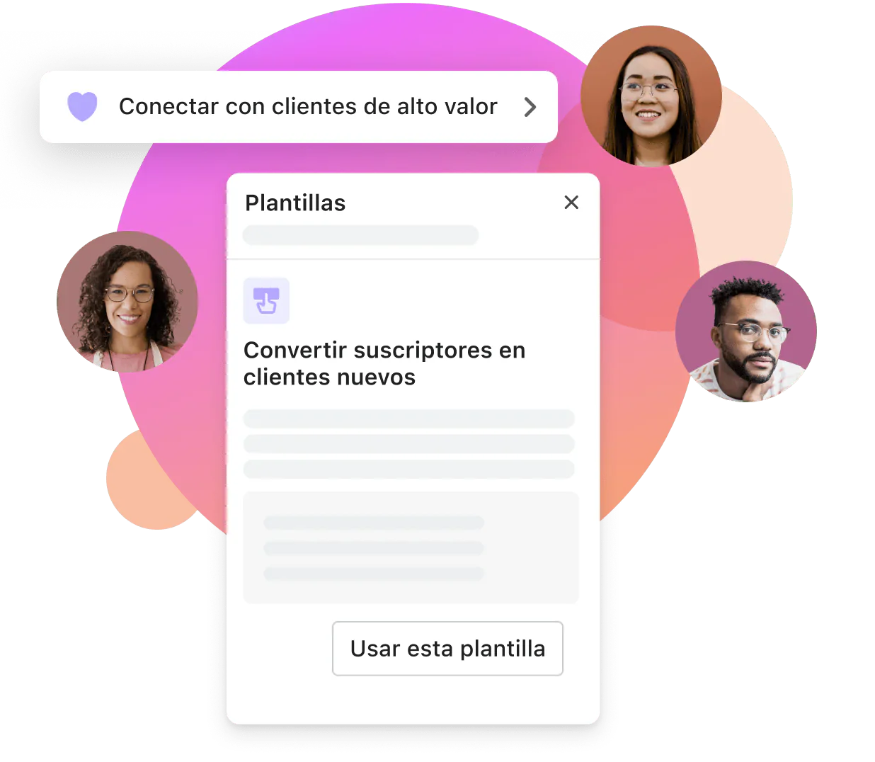 El editor de la sección de segmentos de clientes en el panel de control de Shopify muestra plantillas para diferentes segmentos, por ejemplo, para captar clientes de gran valor y convertir suscriptores en clientes nuevos. Aparecen distintas caras en círculos alrededor del editor, lo que demuestra la variedad de personas que se incluyen en cada segmento.