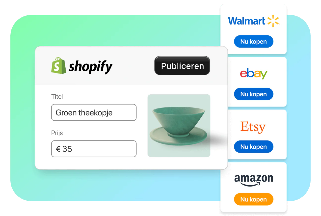 Deze afbeelding toont een diagram waarin wordt geïllustreerd hoe je een Shopify-winkel kunt verbinden met meerdere online marktplaatsen, zoals Amazon, Walmart, eBay en Etsy.