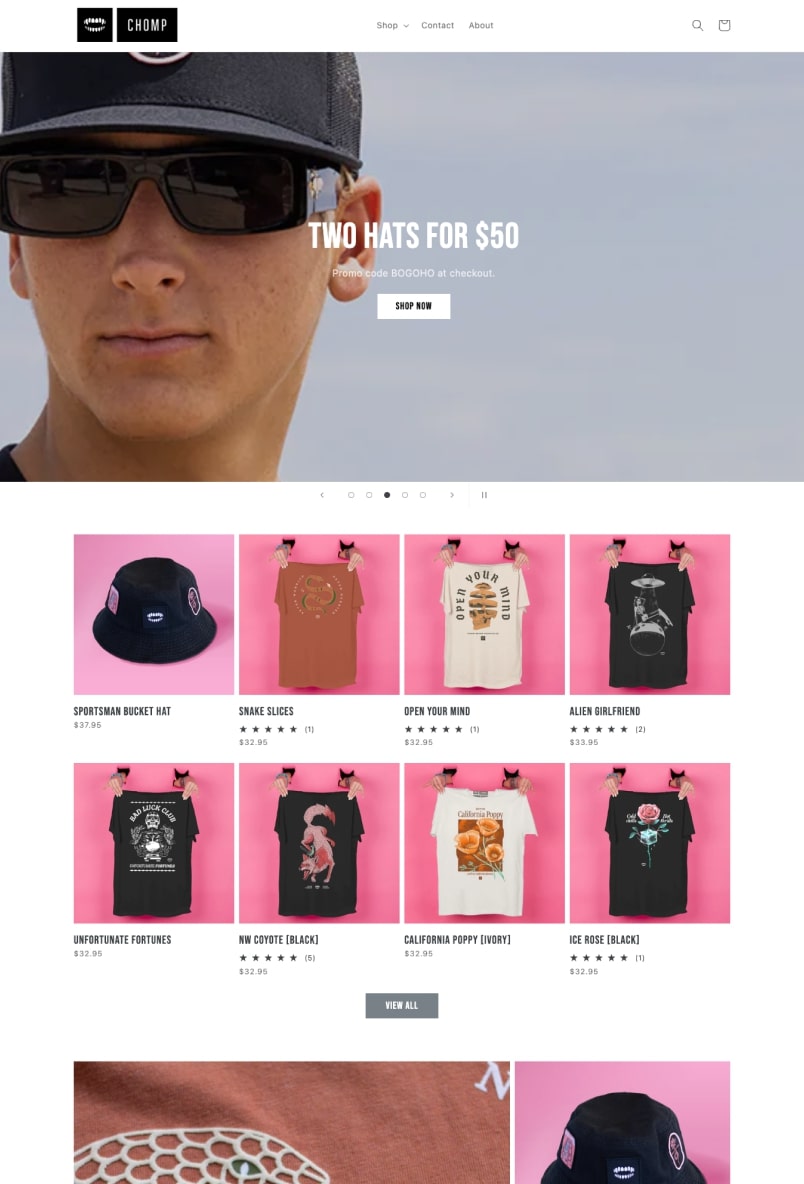 Il sito web di Chomp che vende accessori per lo skateboard 