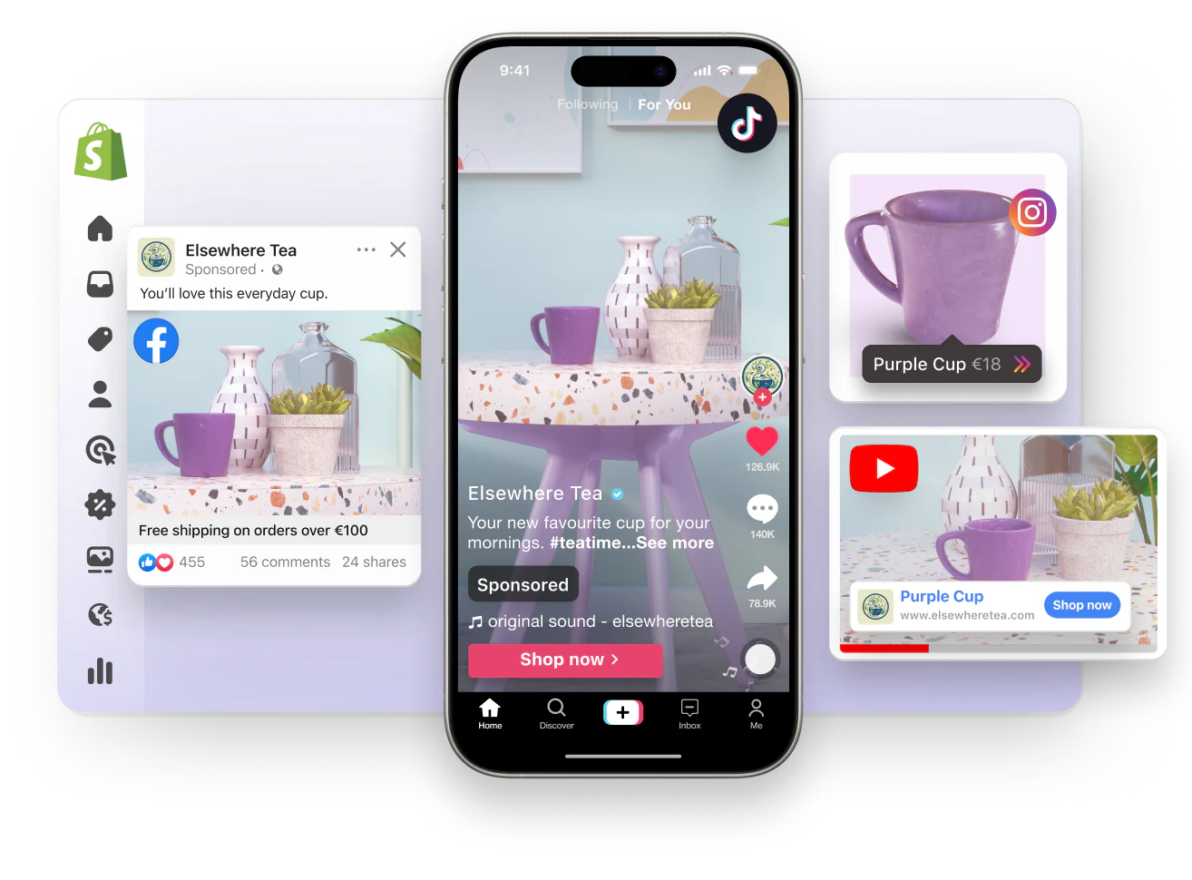 An abstract view window of the Shopify Admin. Overlayed over the left side of the window is a Facebook sponsored ad and a TikTok sponsored video, both featuring a purple cup for sale. Overlayed on the right side is a sponsored YouTube video and an Instagram post with a product tag, both promoting a purple cup.