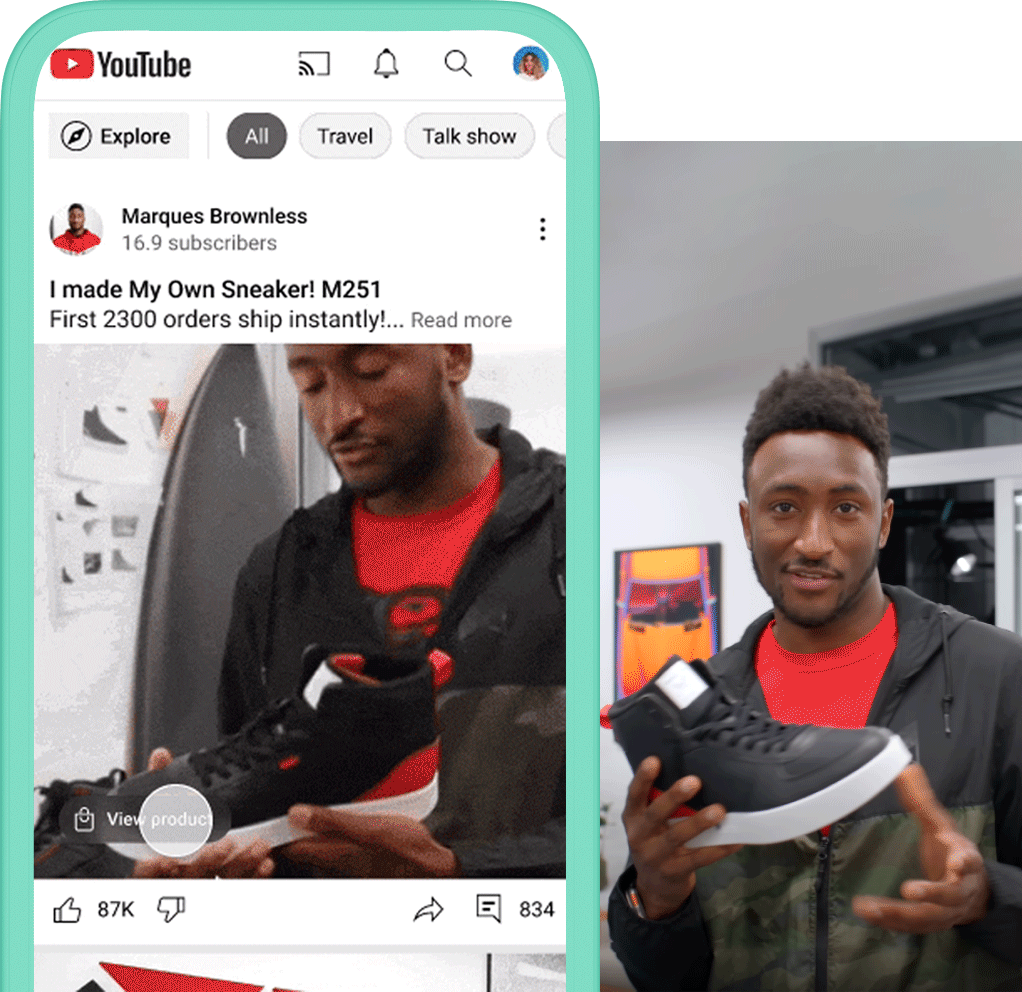 A portrait of creator, Marques Brownlee. A mobile phone showcasing creator Marques's shoe collaboration with Atoms and the ability to shop the feature shoe.