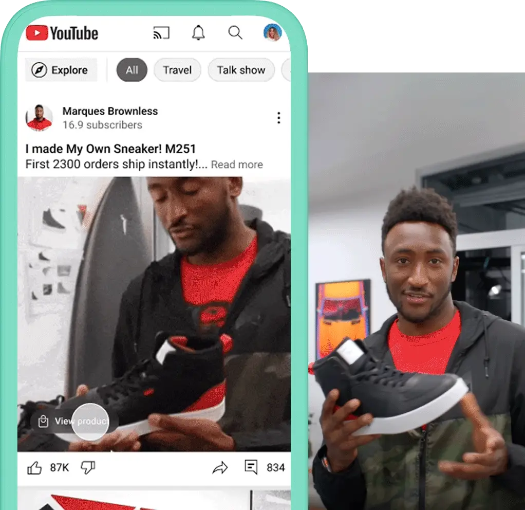 A portrait of creator, Marques Brownlee. A mobile phone showcasing creator Marques's shoe collaboration with Atoms and the ability to shop the feature shoe.