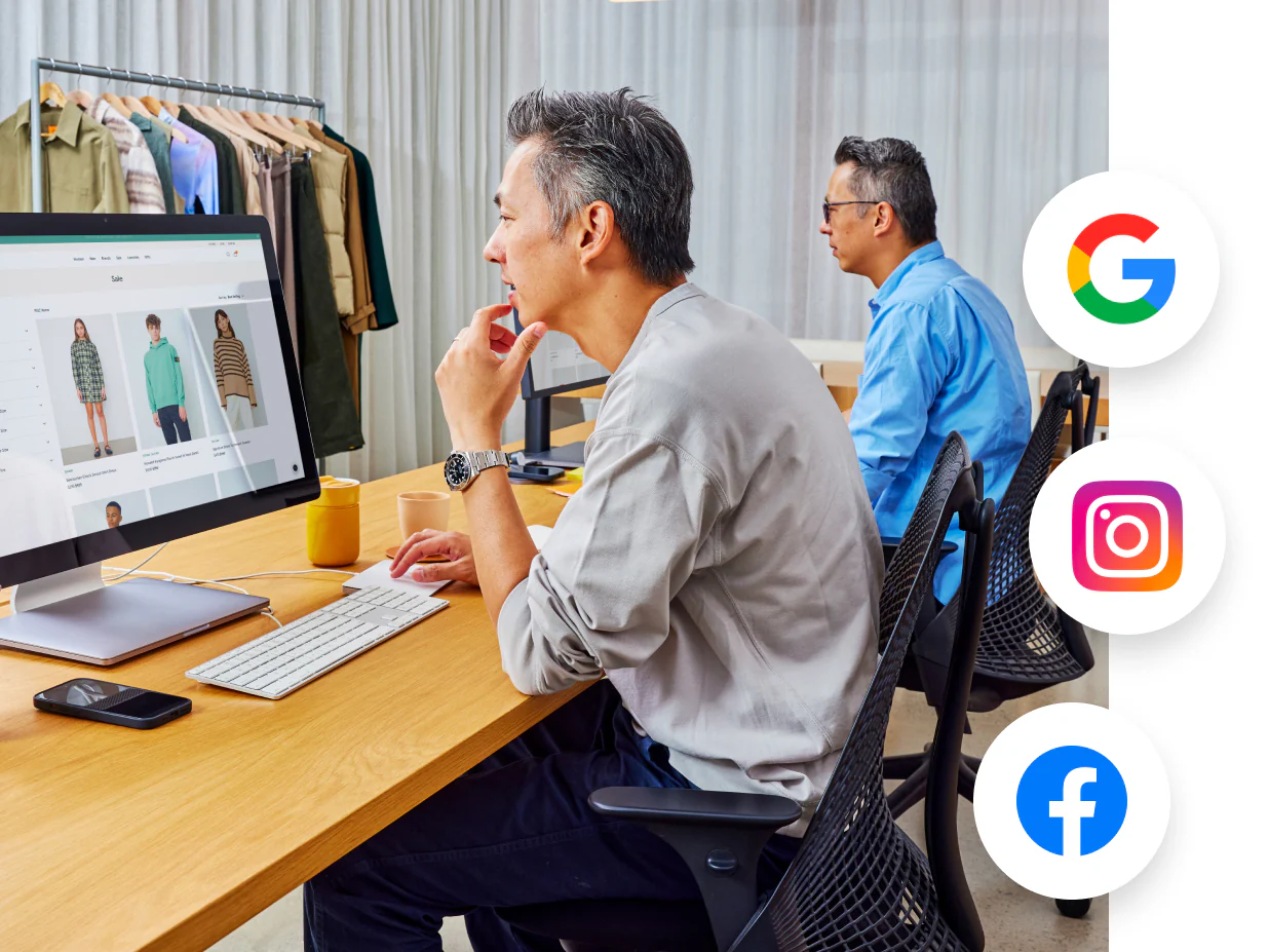 An employee sits at a desk working on the business's website. On top of the image are logos for Google, Instagram, and Facebook.