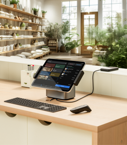 A tablet running Shopify POS sitting on a sales counter. Behind it, a beautiful home and garden store.
