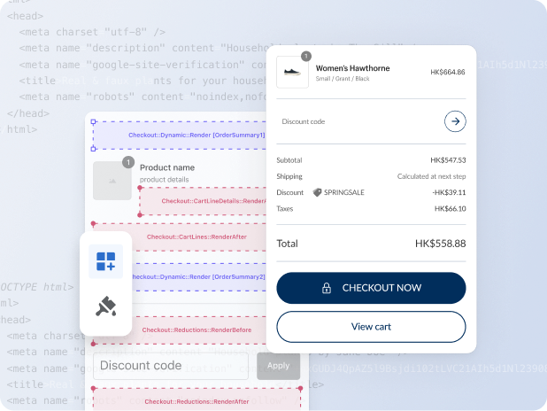 Mobile checkout screen and a drag-and-drop theme editor on a background of programming code